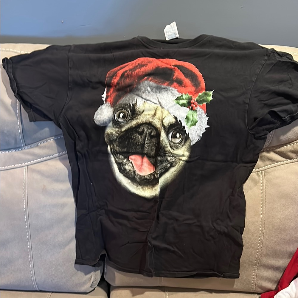 Black T-Shirt with Pug in Santa Hat